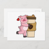 Carte Postale Cochon avec café à emporter (Devant / Derrière)