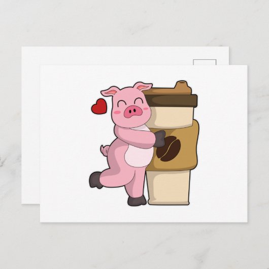 Carte Postale Cochon avec café à emporter (Devant / Derrière)