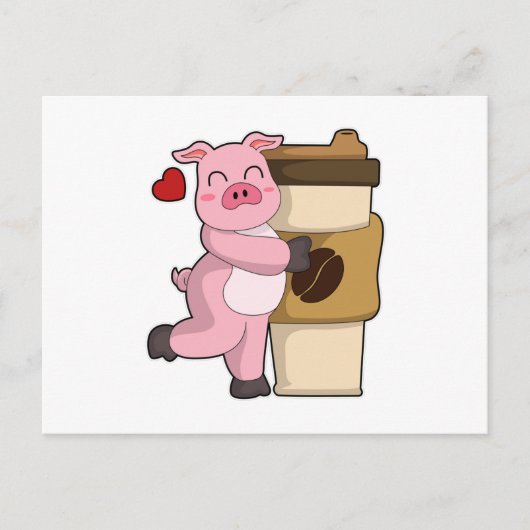 Carte Postale Cochon avec café à emporter (Devant)