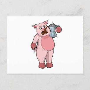Carte Postale Cochon avec cafetière