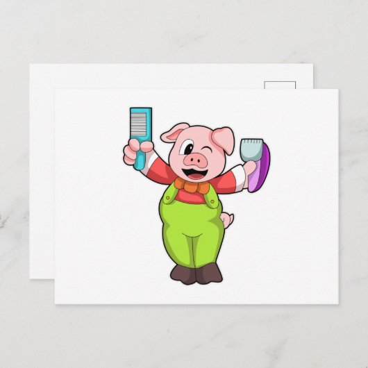 Carte Postale Cochon avec ciseaux et razor (Devant / Derrière)