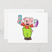 Carte Postale Cochon avec des ciseaux et un rasoir (Devant / Derrière)