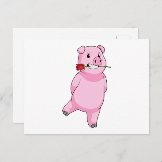 Carte Postale Cochon avec Fleur de Rose (Devant / Derrière)