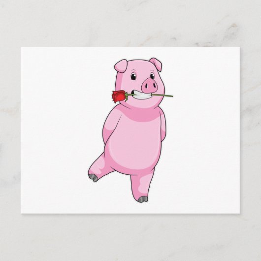 Carte Postale Cochon avec fleur Rose (Devant)