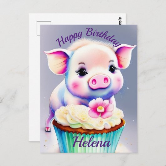 Carte Postale Cochon avec image cupcake en couleur (Devant / Derrière)