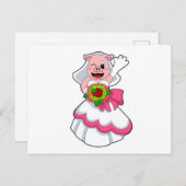 Carte Postale Cochon avec robe de mariée et bouquet de fleurs (Devant / Derrière)
