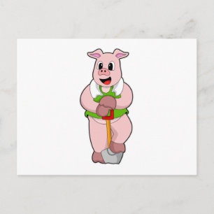 Carte Postale Cochon comme agriculteur avec pelle