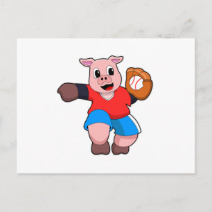 Carte Postale Cochon de baseball avec gant de baseball