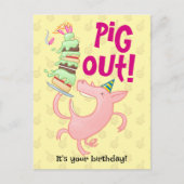 Carte Postale Cochon drôle mangeant un gâteau d'anniversaire Pig (Devant)