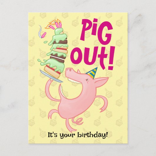 Carte Postale Cochon drôle mangeant un gâteau d'anniversaire Pig (Devant)