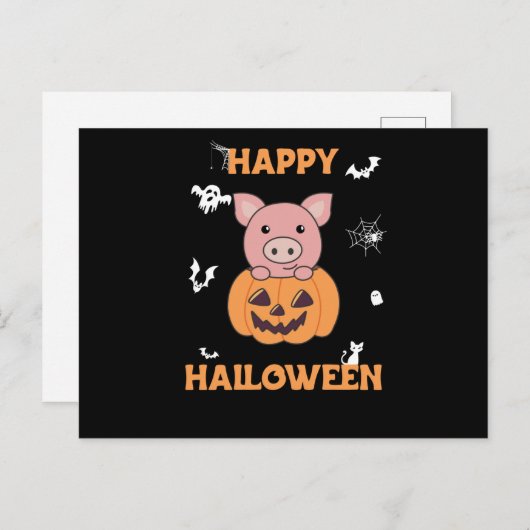 Carte Postale Cochon En Citrouille Cochons Doux Joyeux Halloween (Devant / Derrière)