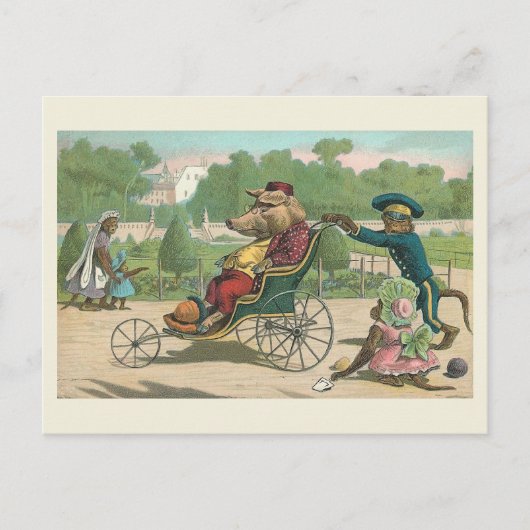 Carte Postale "Cochon en fauteuil roulant" Vintage (Devant)