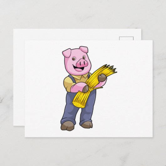 Carte Postale Cochon en fermier avec paille (Devant / Derrière)