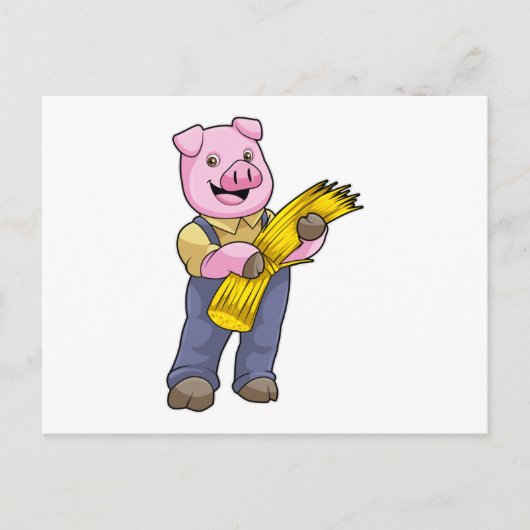 Carte Postale Cochon en fermier avec paille (Devant)