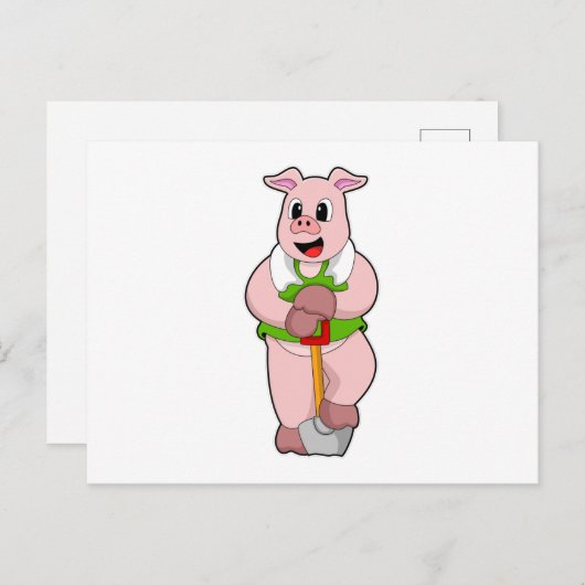 Carte Postale Cochon en fermier avec pelle (Devant / Derrière)