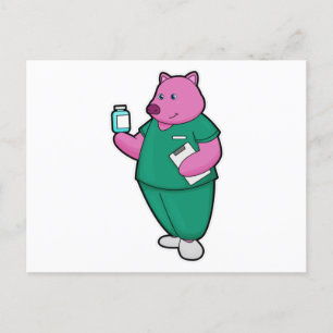 Carte Postale Cochon en infirmière avec des médicaments