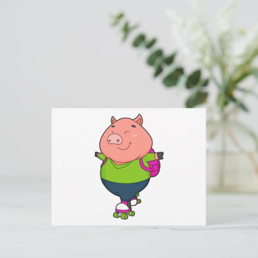 Carte Postale Cochon en patinage en ligne avec des patins à roul (Debout devant)