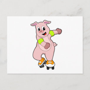 Carte Postale Cochon en patineur avec des patins en ligne