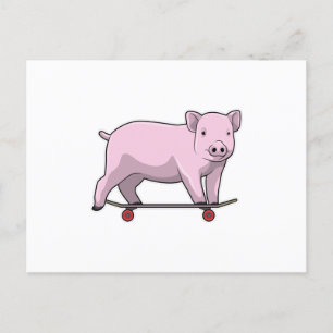 Carte Postale Cochon en patineur avec planche à roulettes