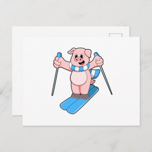 Carte Postale Cochon en skieur avec écharpe de ski et bâtons de (Devant / Derrière)