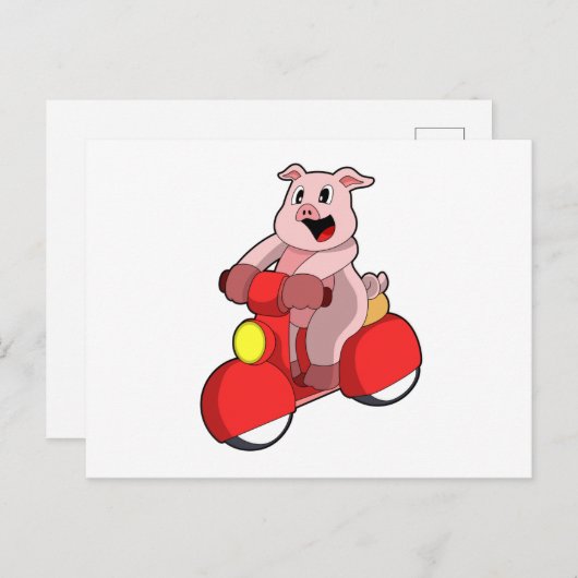 Carte Postale Cochon en vélo avec Scooter (Devant / Derrière)