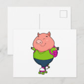 Carte Postale Cochon faisant du roller en ligne avec des rollers (Devant / Derrière)