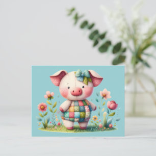 Carte Postale Cochon Patchwork Fantaisiste dans un Jardin Floral