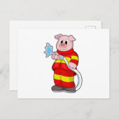 Carte Postale Cochon pompier avec tuyau (Devant / Derrière)