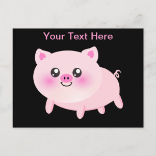 Carte Postale Cochon rose mignon sur noir