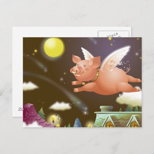 Carte Postale Cochon volant dans le ciel (Devant / Derrière)