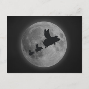 Carte Postale cochon volant et porcelets traversant la pleine lu