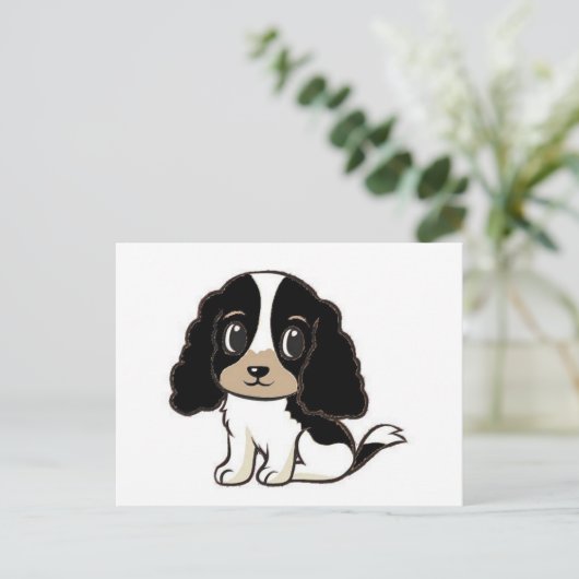 Carte Postale cocker anglais spaniel noir blanc et bronze dessin (Debout devant)