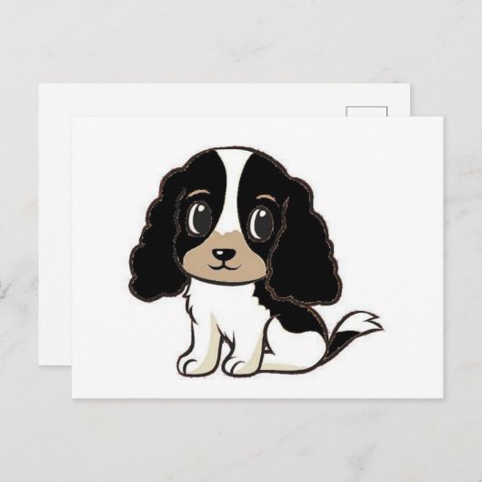 Carte Postale cocker anglais spaniel noir blanc et bronze dessin (Devant / Derrière)