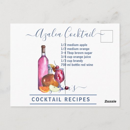 Carte Postale Cocktail Aquarelle Recette Boissons Mixtes Azalea (Dos)