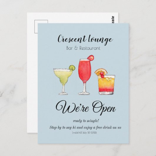 Carte Postale Cocktails Boissons mixtes Bar réouverture (Devant / Derrière)