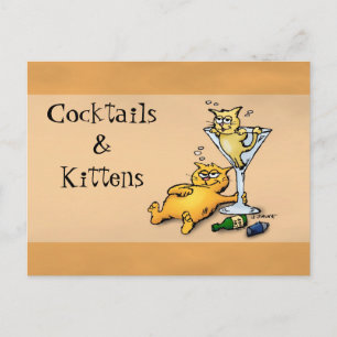 Carte Postale Cocktails & Kittens Gold Cartoon Post Card