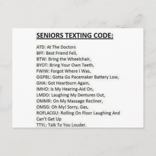 Carte Postale Code de textage pour seniors (Devant)