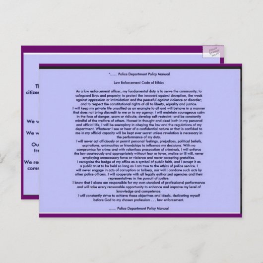 CARTE POSTALE CODE D'ÉTHIQUE DE L'APPLICATION DE LA LOI (Devant / Derrière)