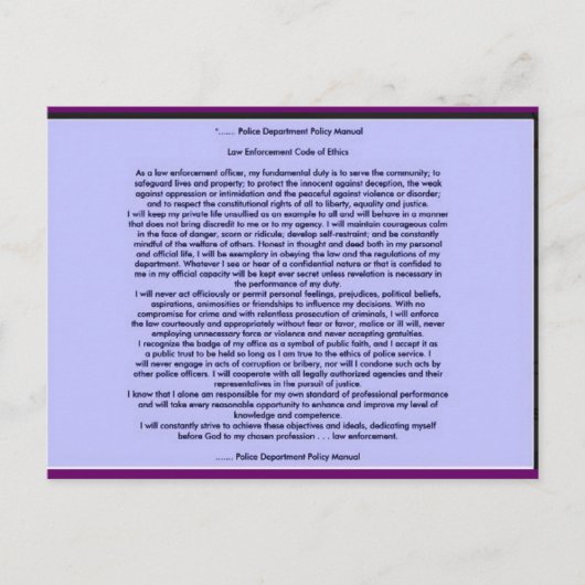 CARTE POSTALE CODE D'ÉTHIQUE DE L'APPLICATION DE LA LOI (Devant)
