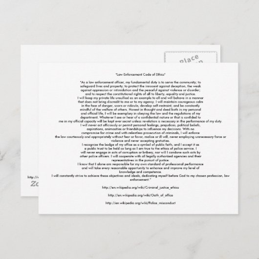 CARTE POSTALE CODE D'ÉTHIQUE DE L'APPLICATION DE LA LOI (Devant / Derrière)