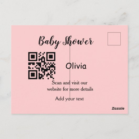 Carte Postale Code QR de baby shower rose simple ajouter nom tex (Dos)