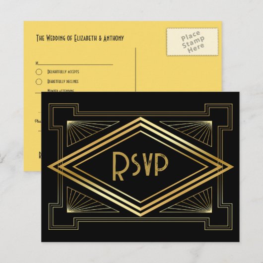 Carte Postale Code QR de réponse au mariage Art Déco noir et or (Devant / Derrière)