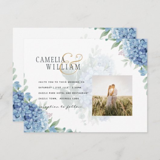 Carte Postale Code QR Faire-part de mariage Blue Hydrangea (Devant / Derrière)