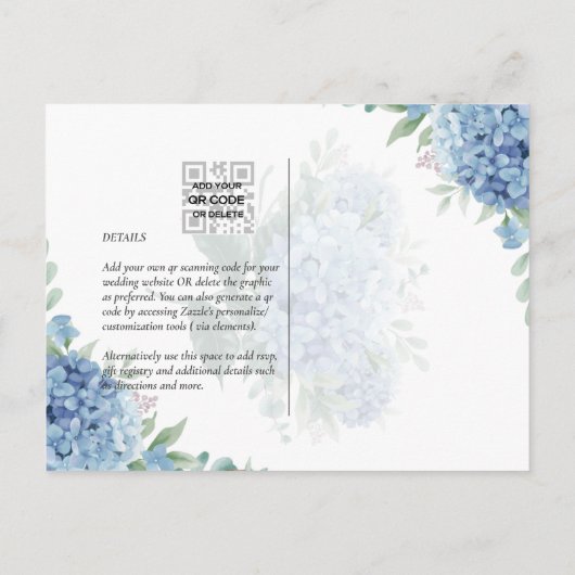 Carte Postale Code QR Faire-part de mariage Blue Hydrangea (Dos)