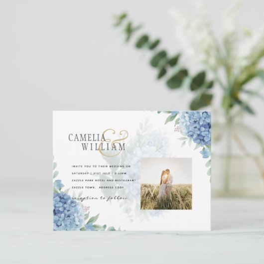 Carte Postale Code QR Faire-part de mariage Blue Hydrangea (Debout devant)