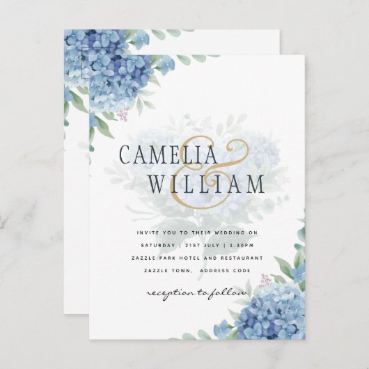 Carte Postale Code QR Faire-part de mariage Blue Hydrangea (Devant / Derrière)