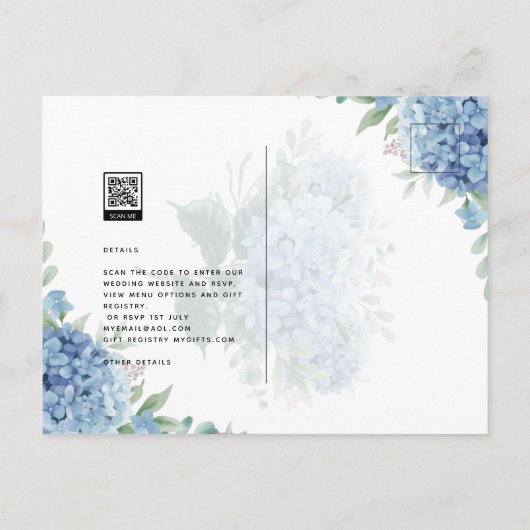 Carte Postale Code QR Faire-part de mariage Blue Hydrangea (Dos)