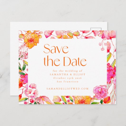 Carte Postale Code QR Mariage moderne rose orange Fleurs (Devant / Derrière)