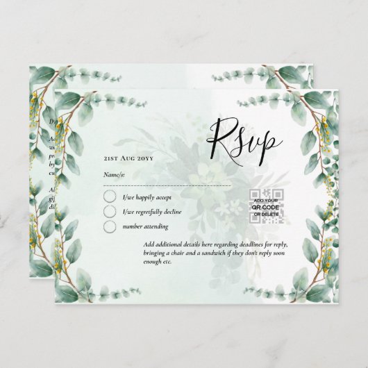 Carte Postale CODE QR RSVP Feuilles d'Eucalyptus Végétation Mari (Devant / Derrière)