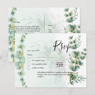 Carte Postale CODE QR RSVP Feuilles d'Eucalyptus Végétation Mari